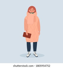 Trendy young woman in a warm jacket, boots with a bag. Autumn street style clothing. Vector illustration in cartoon flat style