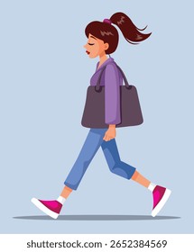 
Moça na moda vestindo uma bolsa caminhando Casual Vetor Cartoon. Garota positiva despreocupada usando roupas modernas e legais
