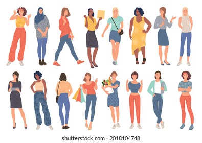 Trendy young women. Creative diverce people in the modern clothing, shoes, jeans, isolated on white background. Diversity concept.