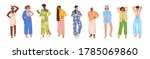 Trendy young women set wearing cozy home clothes, homewear. Multicultural cute girls in various comfortable pajamas, nightgown, sleepwear. Flat vector cartoon illustration isolated on white background
