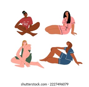 Trendy young women set wearing cozy home clothes, homewear. Multicultural cute girls in various comfortable pajamas, nightgown, sleepwear. Flat vector cartoon illustration