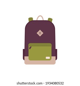 Trendy youth backpack icon. Front view. Bright tourist item for vacation, travel. Vector flat illustration