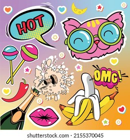 Trendy  youthful background and funny stickers cute cat characters and glasses  bananas  champagne splashes  lips  lollipop  moon  pepper bright gradient  Modern pop art set  collection 