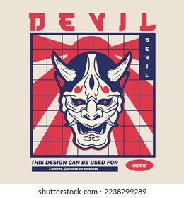 Trendy, Youthful Traditional Japanese Oni Mask Tattoo T-shirt Lifestyle Design Branding Identity Illustration