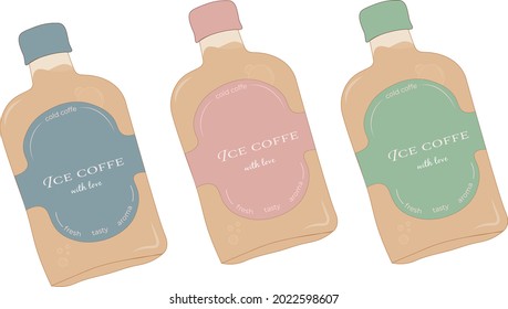  Trendy zero waste bottles with ice coffee or cocktail to go for modern cafe or bar, with labels in soft pastel pink blue and green colors