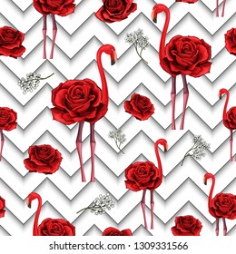 Trendy zigzag lines print with embroidered red roses and flamingo. Seamless pattern textile design for wrapping paper, plaids, scarfs. Red flower on black and white geometric background