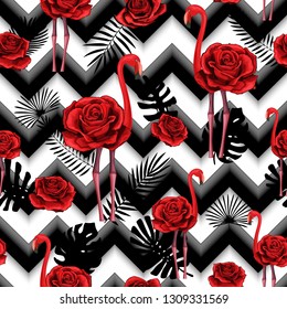 Trendy zigzag lines print with embroidered red roses and flamingo. Seamless pattern textile, wrapping paper, plaids, scarfs. Red flower and tropical silhouettes on black and white geometric background