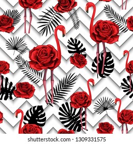 Trendy zigzag lines print with embroidered red roses and flamingo. Seamless pattern textile, wrapping paper, plaids, scarfs. Red flower and tropical silhouettes on black and white geometric background