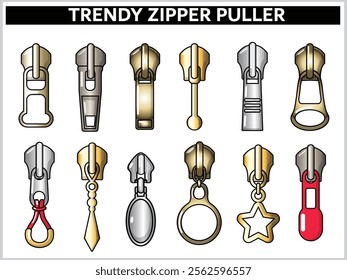  TRENDY ZIPPER SLIDER AND PULLERS SET VECTOR ILLUSTRATION