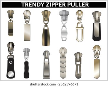  TRENDY ZIPPER SLIDER AND PULLERS SET VECTOR ILLUSTRATION