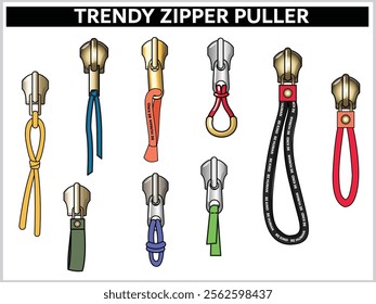  TRENDY ZIPPER SLIDER AND PULLERS SET VECTOR ILLUSTRATION