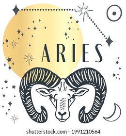 Trendy zodiac aries boho magical  art symbol or label. Horoscope sign line art silhouette design vector illustration. Creative decorative elegant astrology zodiac emblem template for logo