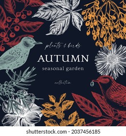 Trendy-colored autumn wreath design. Wild birds on dark blue background. Elegant botanical template with autumn leaves, berries, flowers, and birds sketches. Perfect for invitations or cards.