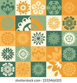 Trengy    Mosaic seamless pattern  geometric in folk Scandinavian style. Squares with flowers pastel green orange background