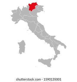 Trentino marked red on italy map. Gray background. Italian political map.