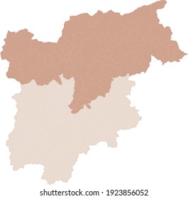 Trentino-Alto Adige map, division by provinces and municipalities. Closed and perfectly editable polygons, polygon fill and color paths editable at will. Levels. Political geographic map. Italy
