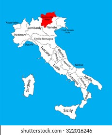 Trentino-Alto Adige province in Italy map. South Tyrol, Italy, vector map illustration isolated on background.