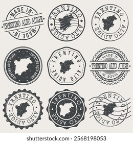 Trentino-South Tyrol, Italy Set of Stamps. Country Travel Marks. Made In Product. Design Seals Old Style Insignia.