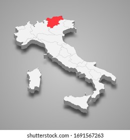 Trentino-South Tyrol region location within Italy 3d map