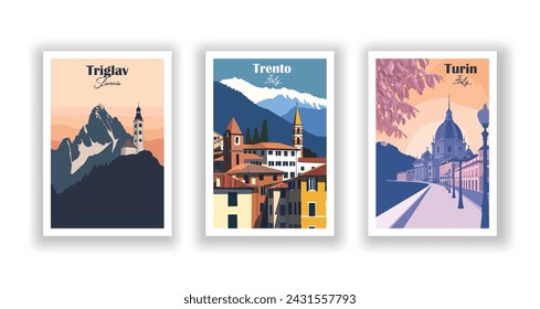 Trento, Italia. Triglav, Eslovenia. Turín, Italia - Set de 3 Carteles de Viajes Vintage. Ilustración vectorial. Impresiones de alta calidad