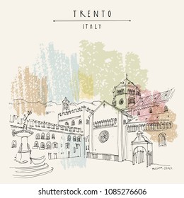 Trento, Northern Italy. Cathedral Square (Piazza Duomo) and the Late Baroque Fountain of Neptune. Artistic drawing. Travel sketch. Vintage touristic postcard, poster or book illustration in vector