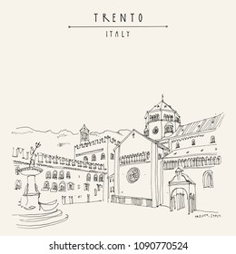 Trento, Northern Italy. Cathedral Square (Piazza Duomo) and the Late Baroque Fountain of Neptune. Artistic drawing. Travel sketch. Vintage touristic postcard, poster or book illustration in vector