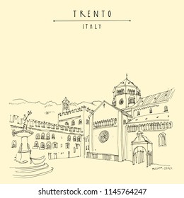 Trento, Northern Italy. Cathedral Square (Piazza Duomo) and the Late Baroque Fountain of Neptune. Artistic drawing. Travel sketch. Vintage touristic postcard, poster or book illustration in vector