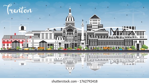 Trenton New Jersey City Skyline with Color Buildings, Blue Sky and Reflections. Vector Illustration. Trenton is the Capital of the US State of New Jersey. Cityscape with Landmarks.
