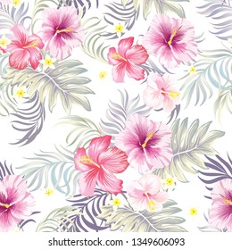 Trerndy tropical vector seamless background. Jungle pattern with flowers, monstera and palm leaves.
