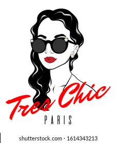 Tres chic. Paris. Vector hand drawn illustration of girl with curly hair isolated. Template for card, poster, banner, print for t-shirt, pin, badge, patch.