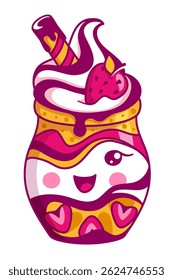Tres Leches Cake Logo with a cute happy face. Dessert Mascot in Kawaii Style. Logo for candy shop, Latin sweets boutique, patisserie, or any cake business