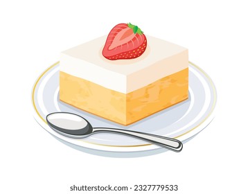 Tres Leches Cake vector illustration. Tres Leches cake dessert with strawberry icon vector isolated on a white background. Slice of block sponge cake on a plate drawing