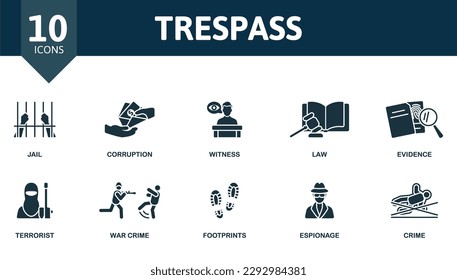Conjunto de contorno de paso temporal. Iconos creativos: cárcel, corrupción, testigos, ley, evidencia, terrorismo, crimen de guerra, huellas, espionaje, crimen.