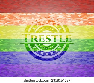 Empujar el emblema sobre el fondo de mosaico con los colores de la bandera LGBT. 