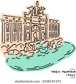 The Trevi Fountain 18th century fountain Landmark in Rome Italy Hand drawn Colour Illustration
