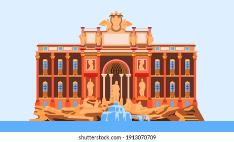 The Trevi Fountain flat illustration. Fontana di Trevi, a fountain in the Trevi district in Rome, Italy 