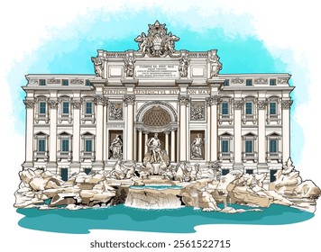 Trevi Fountain, Fontana di Trevi, Drawing sketch illustration, Rome, Italy. Vector