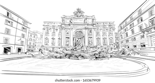 Trevi Fountain. Rome. Italy. Hand drawn sketch. Vector illustration.