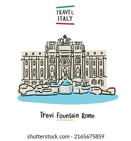 Trevi fountain Rome Italy landmark Hand drawn color Illustration