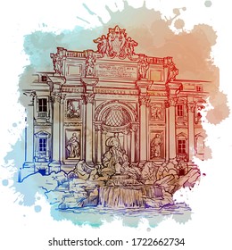 The Trevi Fountain in Rome, Italy. Vintage design. Linear sketch on a watercolor textured background. EPS10 vector illustration