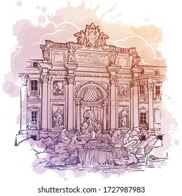 The Trevi Fountain in Rome, Italy. Vintage design in soft pastel colors. Linear sketch on a watercolor textured background. EPS10 vector illustration