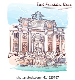Trevi Fountain in Rome, Italy. Watercolor imitating painted sketch. Vintage design. Travel sketchbook drawing. EPS10 vector illustration.