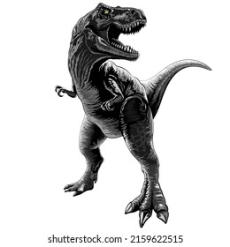 T-Rex, a.k.a. Tyrannosaurus Rex Dinosaur, standing. Black and white growling fierce Jurassic Reptile. Original Vector Illustration isolated on white. Copyright BluedarkArt TheChameleonArt. 
