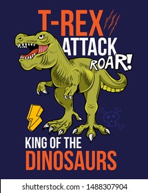 T-REX attack Tyrannosaurus Rex dino dinosaur king of the dinosaurs. Cartoon character illustration vector Isolated background for trendy hipster kid print design t shirt tee clothes sticker poster.