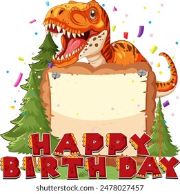 T-Rex with birthday sign and confetti