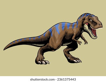 T-Rex With Blue Stripe Hand Draw Illustration in Vintage Style Full Color
