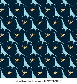 T-rex and brahiosaurus dinosaurs seamless pattern sky blue and beige on indigo blue	