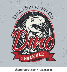 Diseño de fábrica de cerveza T-rex. Plantilla de etiqueta de venta palma. Concepto del logo de la cerveza artesanal de los dinosaurios vectores. Ilustración vintage de período cretáceo. Insignia de la camiseta de Tyrannosaurus sobre fondo de grunge.