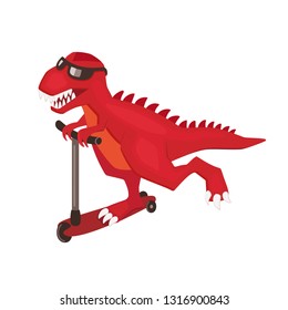 T-Rex cartoon dinosaur character riding scooter. Tyrannosaur prehistoric reptile raptor on bike. Cool funny quirky animal wearing sunglasses. Boys children vector illustration for t-shirt print, etc.