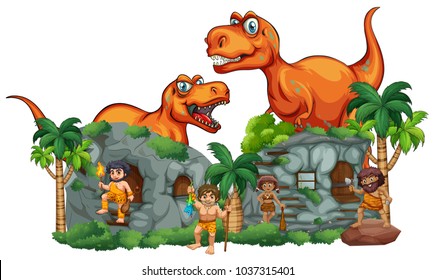 T-Rex and cavemen at stonehouse illustration